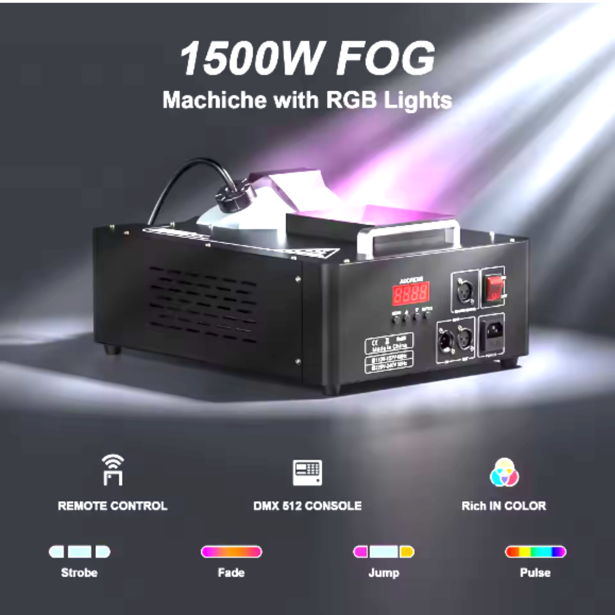 alpha-lumentec - 1500W Nebelmaschine RGB 3in1 mit 24 LEDs & DMX 512 – Vertikale