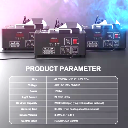 alpha-lumentec - 1500W Nebelmaschine RGB 3in1 mit 24 LEDs & DMX 512 – Vertikale