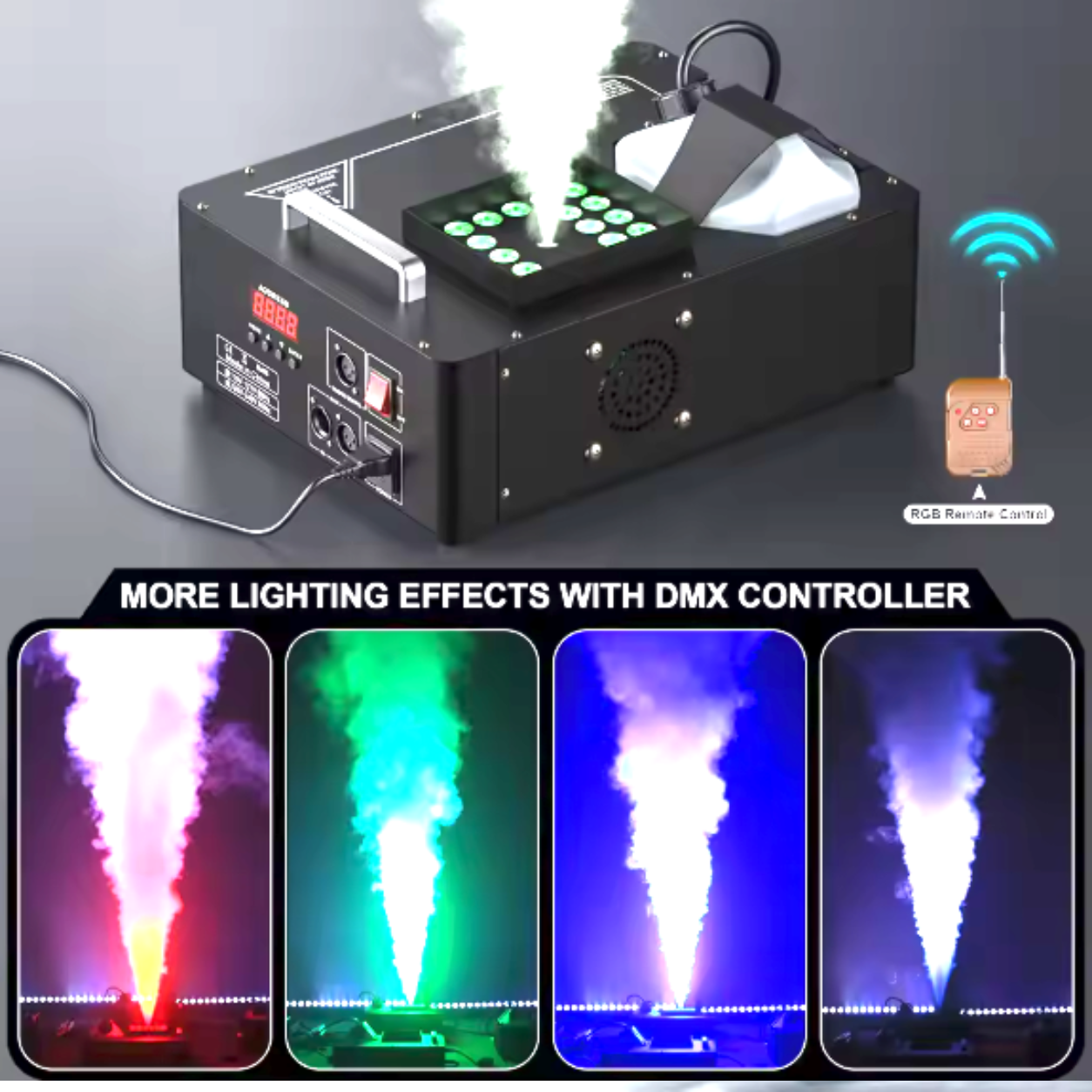 alpha-lumentec - 1500W Nebelmaschine RGB 3in1 mit 24 LEDs & DMX 512 – Vertikale