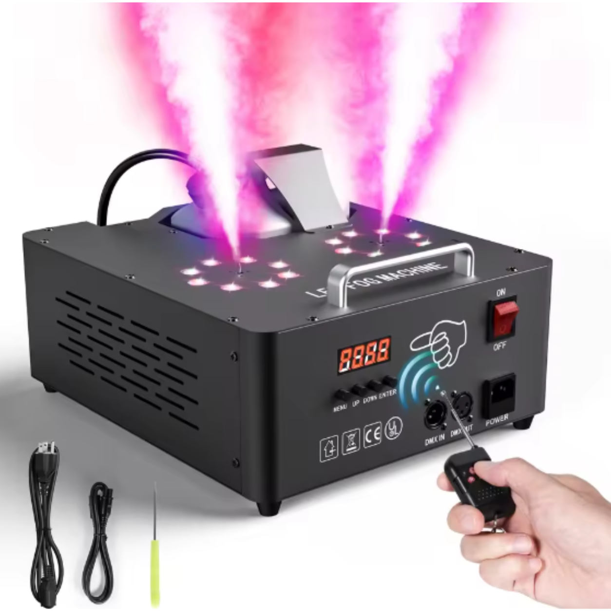 alpha-lumentec - 2000W Doppelrohr Nebelmaschine – RGB 3in1 mit 16 LEDs & DMX512 (13 Kanäle)