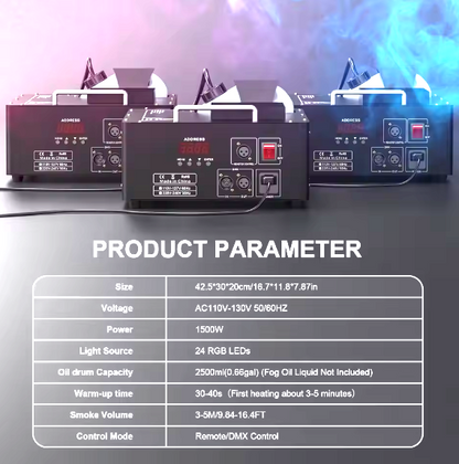 alpha-lumentec - 1500W Nebelmaschine RGB 3in1 mit 24 LEDs & DMX 512 – Vertikale