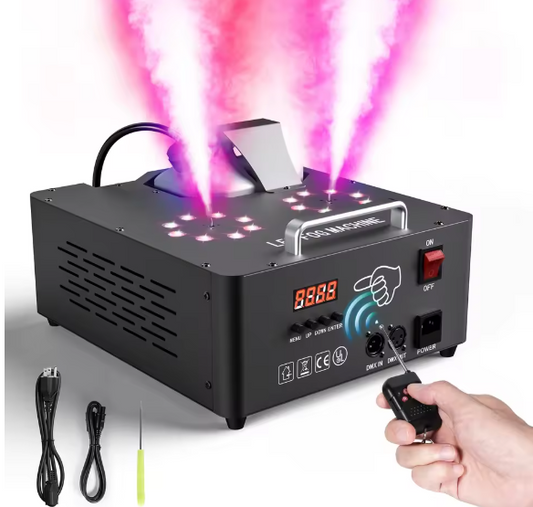 alpha-lumentec - 2000W Doppelrohr Nebelmaschine – RGB 3in1 mit 16 LEDs & DMX512 (13 Kanäle)