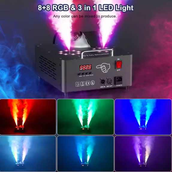 alpha-lumentec - 2000W Doppelrohr Nebelmaschine – RGB 3in1 mit 16 LEDs & DMX512 (13 Kanäle)